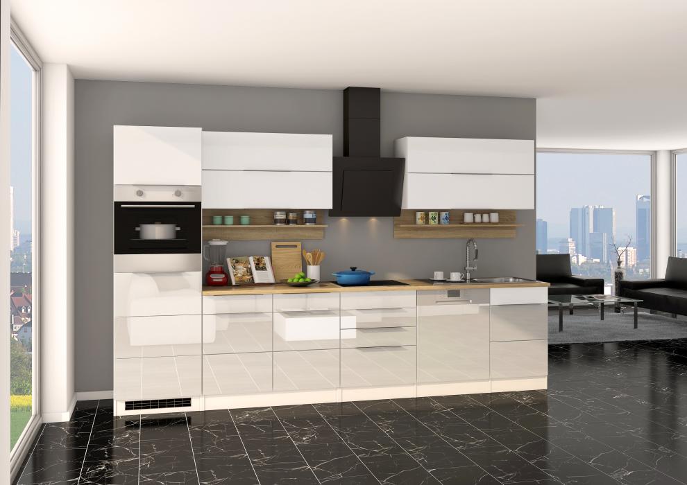 Küchenblock inkl E-Geräte und Geschirrspüler teilintegriert 330 cm breit NEAPEL 330GS von Held Möbel Weiss / Hochglanz Weiss