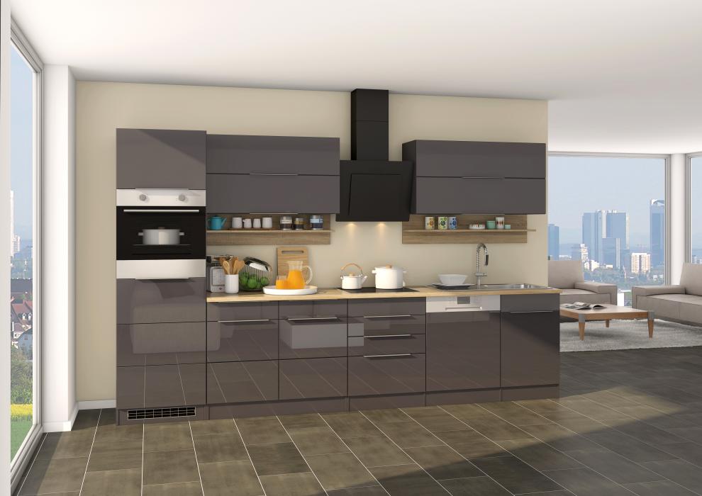 Küchenblock inkl E-Geräte und Geschirrspüler teilintegriert 330 cm breit NEAPEL 330GS von Held Möbel Grafit / Hochglanz Grau