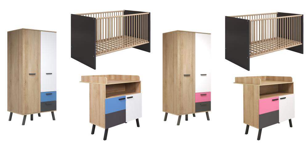 Babyzimmer Set 3-tlg. inkl. Kleiderschrank 2-türig MATS COLOR von Trendteam Bianco Buche / Graphit
