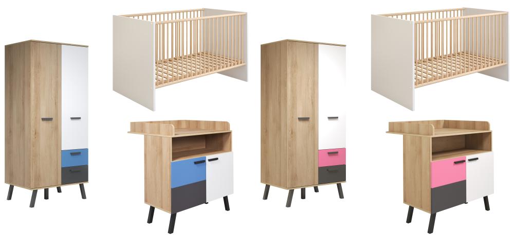 Babyzimmer Set 3-tlg. inkl. Kleiderschrank 2-türig MATS COLOR von Trendteam Bianco Buche / Weiß