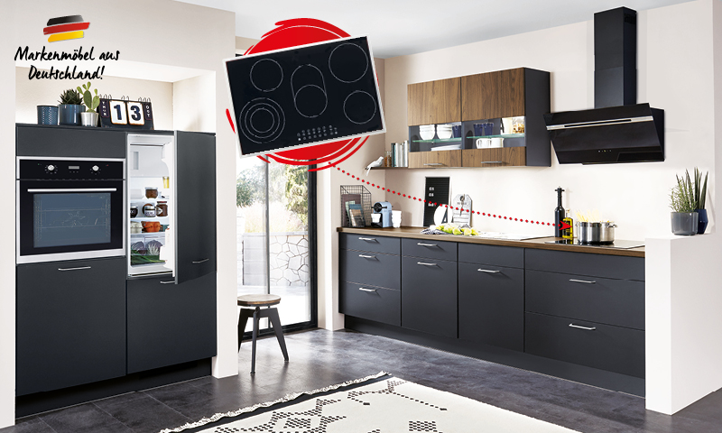 Einbauküche TOUCH 340/RIVA 840 inkl E-Geräte 120 + 290 cm von Nobilia Schwarz / Nußbaum