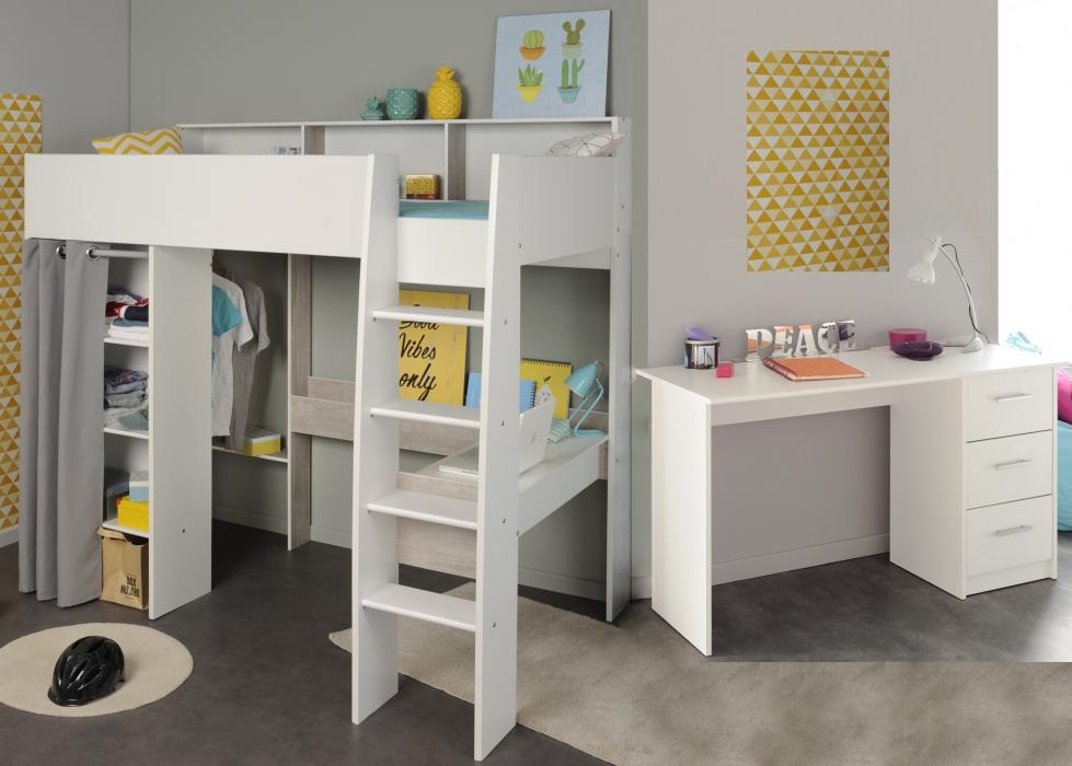 Kinderzimmer-Set 2-tlg inkl 90x200 Hochbett u Schreibtisch Taylor 14 von Parisot Weiss / Grey Loft