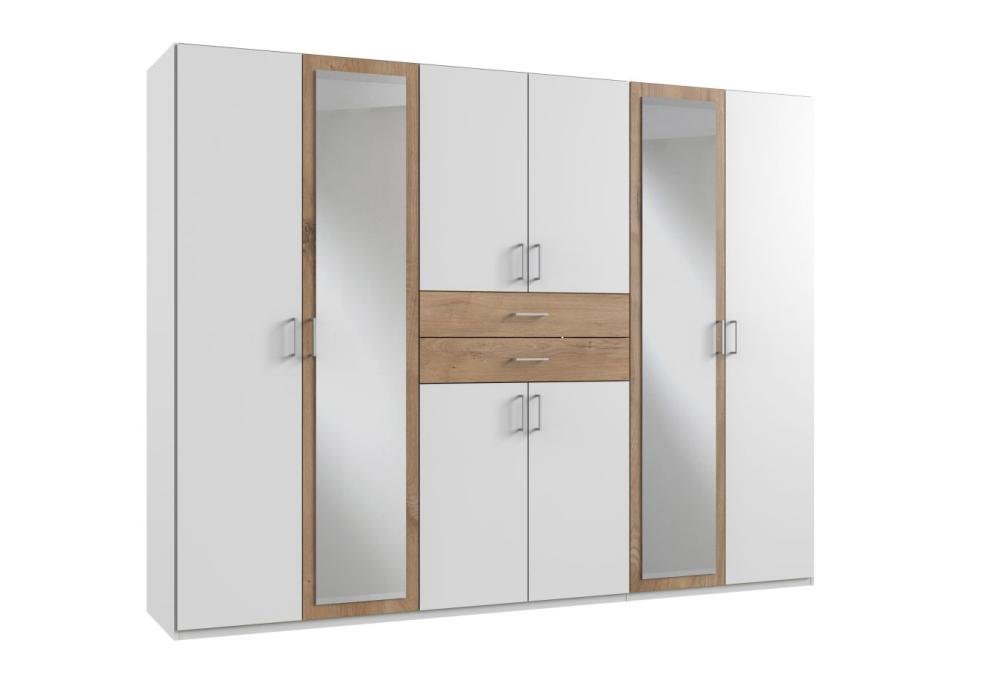 Kleiderschrank mit Spiegel und Schubladen 270 cm breit Weiß / Plankeneiche NB DIVER