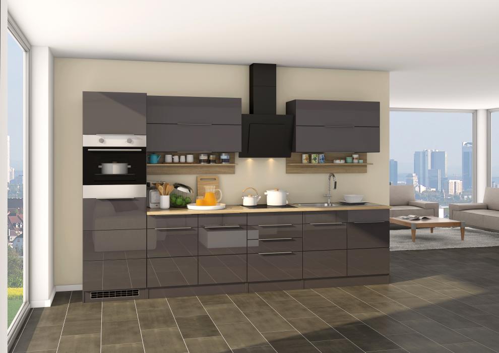 Küchenblock inkl E-Geräte 320 cm breit NEAPEL 320 von Held Möbel Grafit / Hochglanz Grau