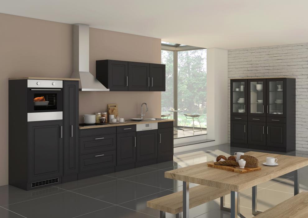 Küchenblock inkl E-Geräte und Apothekerschrank 330 cm breit ROM 330GA von Held Möbel Grafit / Matt Grau