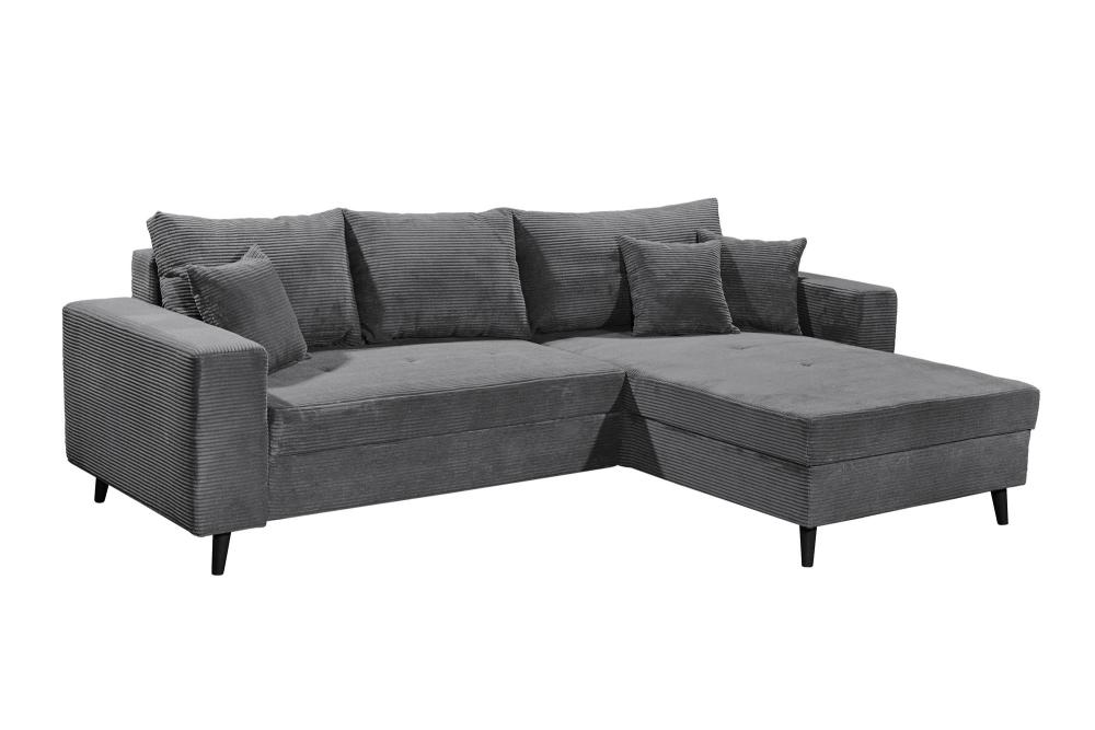 L Form Sofa Cord Grau 186 x 282 cm mit Schlaffunktion und Bettkasten beidseitig montierbar LARINA