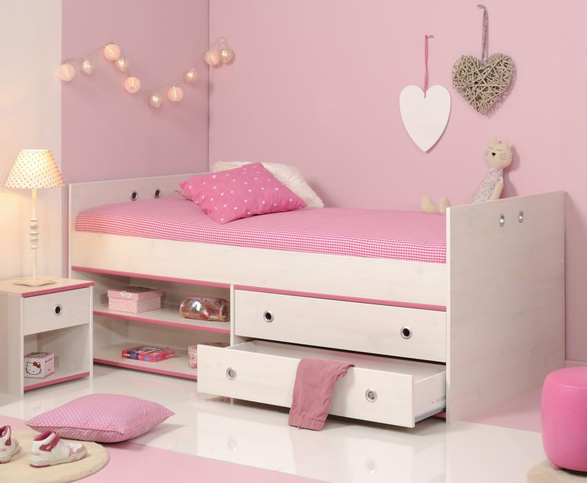 Schlafzimmer 2-tlg. inkl 90x200 Stauraumbett Smoozy 24b von Parisot Kiefer Weiss / Pink