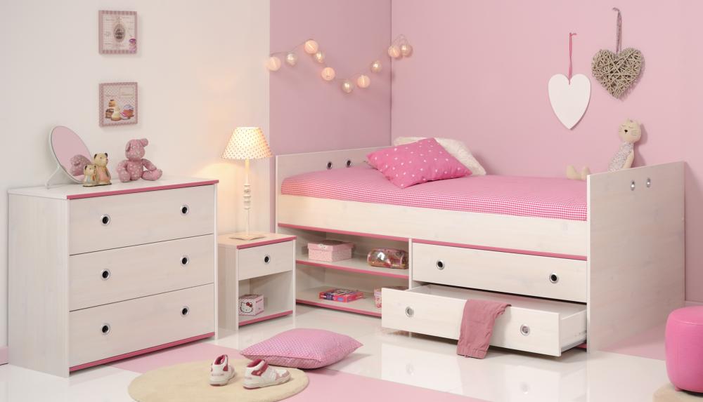 Schlafzimmer 3-tlg. inkl 90x200 Stauraumbett Smoozy 23b von Parisot Kiefer Weiss / Pink