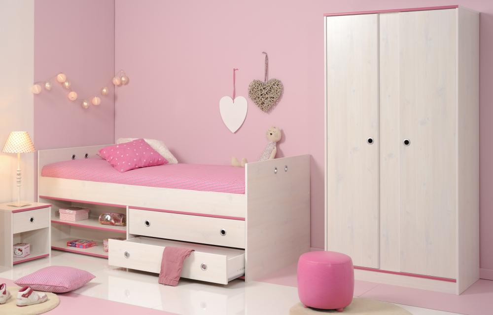 Schlafzimmer 3-tlg. inkl 90x200 Stauraumbett u 2-trg Kleiderschrank Smoozy 22b von Parisot Kiefer Weiss / Pink