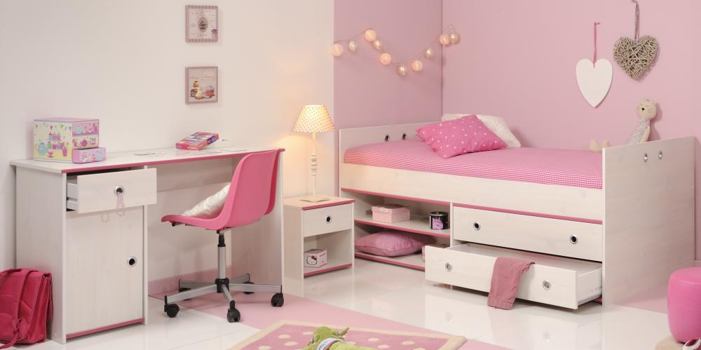 Schlafzimmer 3-tlg. inkl 90x200 Stauraumbett u Schreibtisch Smoozy 27b von Parisot Kiefer Weiss / Pink