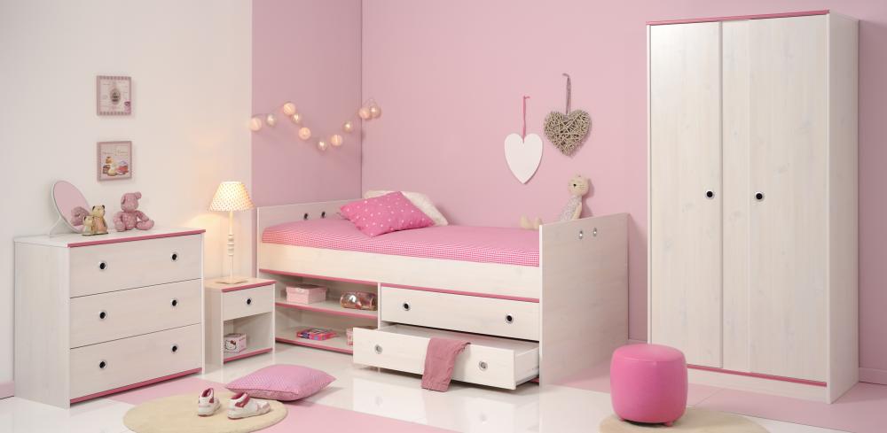 Schlafzimmer 4-tlg. inkl 90x200 Stauraumbett u 2-trg Kleiderschrank Smoozy 21b von Parisot Kiefer Weiss / Pink