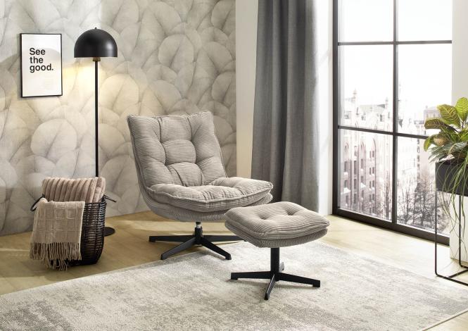 Relax-Sessel inkl. Hocker 360 Grad drehbar Cord Taupe / Schwarz günstig online kaufen
