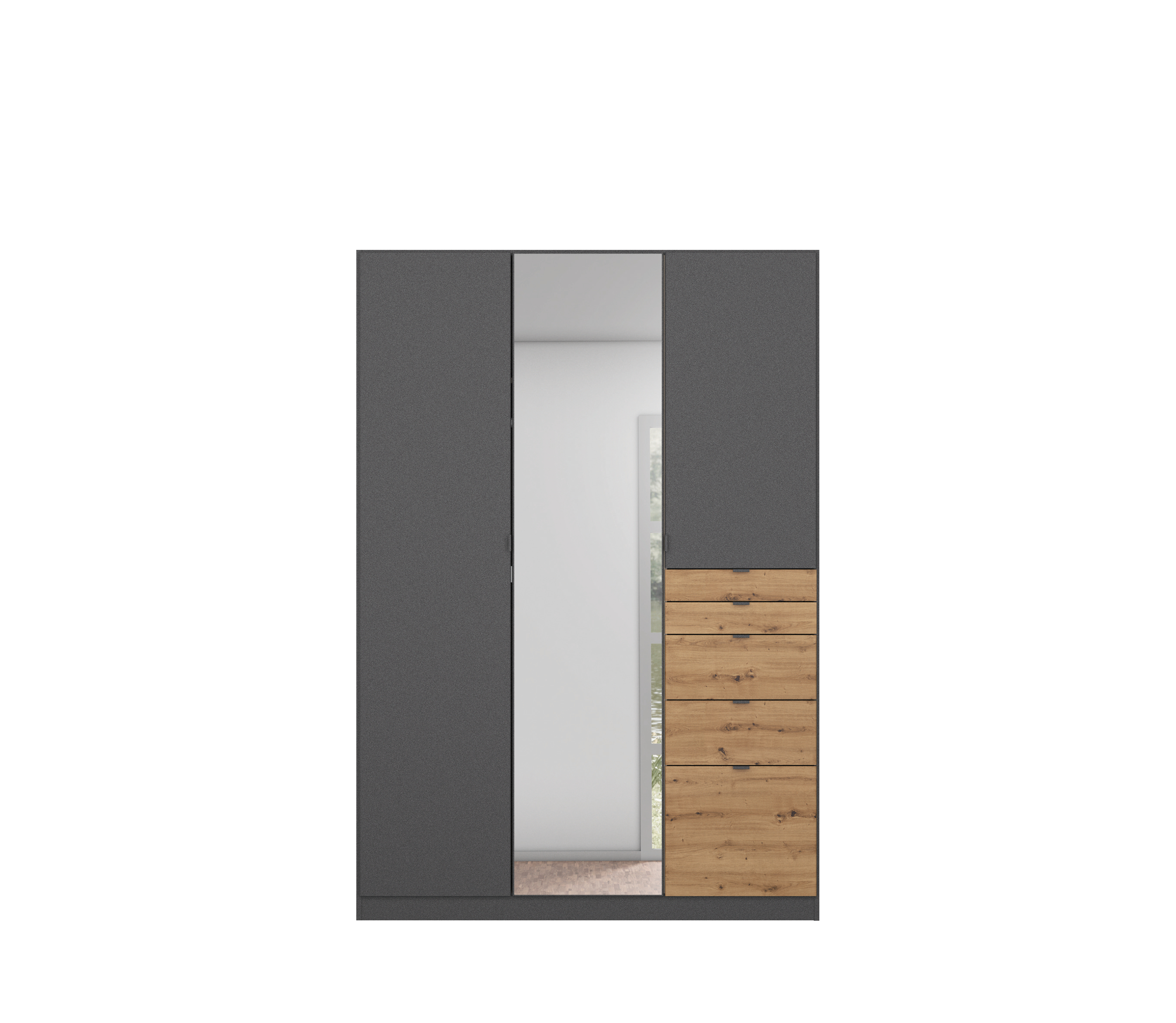 Drehtürenschrank 3-türig, inkl. 1 Spiegeltüre und 5 Schubkästen ONTARIO von  Rauch Grau-metallic / Artisan Eiche
