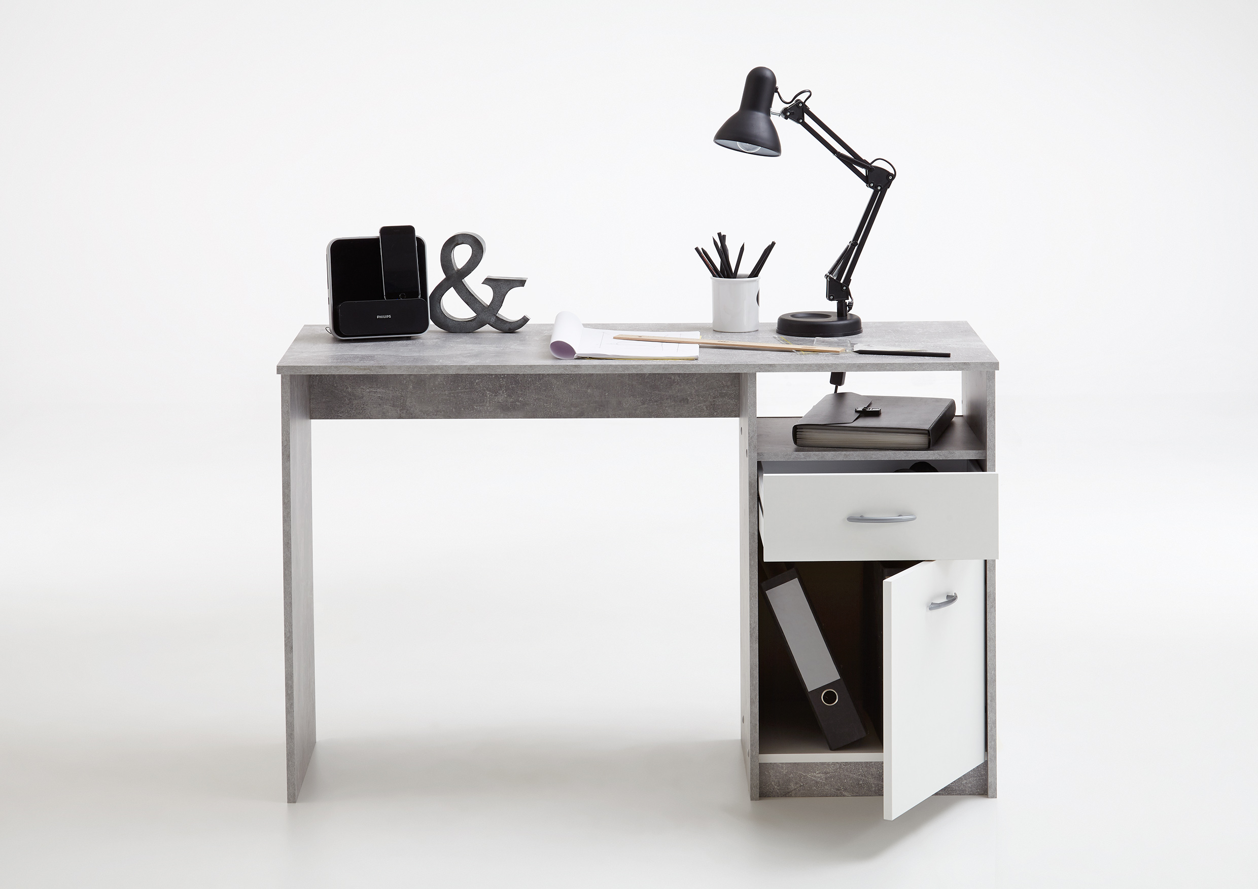 JACKSON Schreibtisch von FMD Beton / Weiß | Schreibtische
